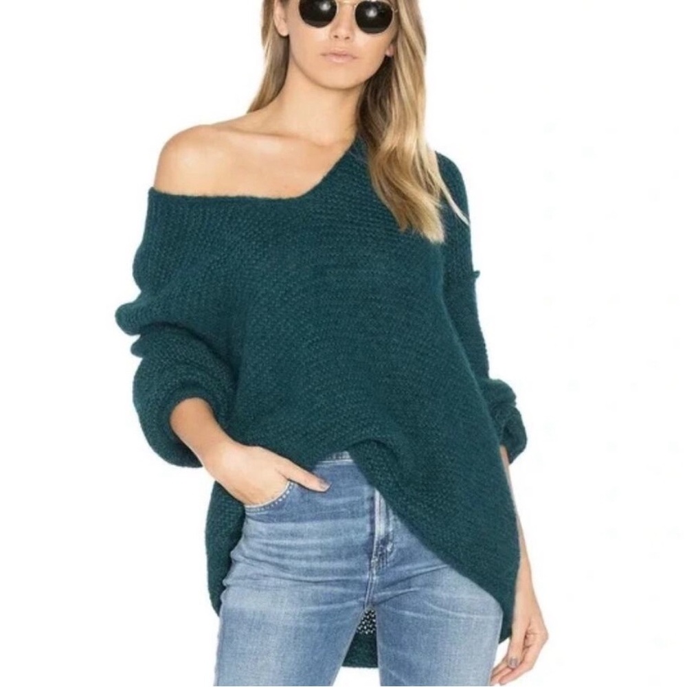 FREE PEOPLE All Mine Sweater Teal Alpaca Blend V Neck Tunic Size XS
